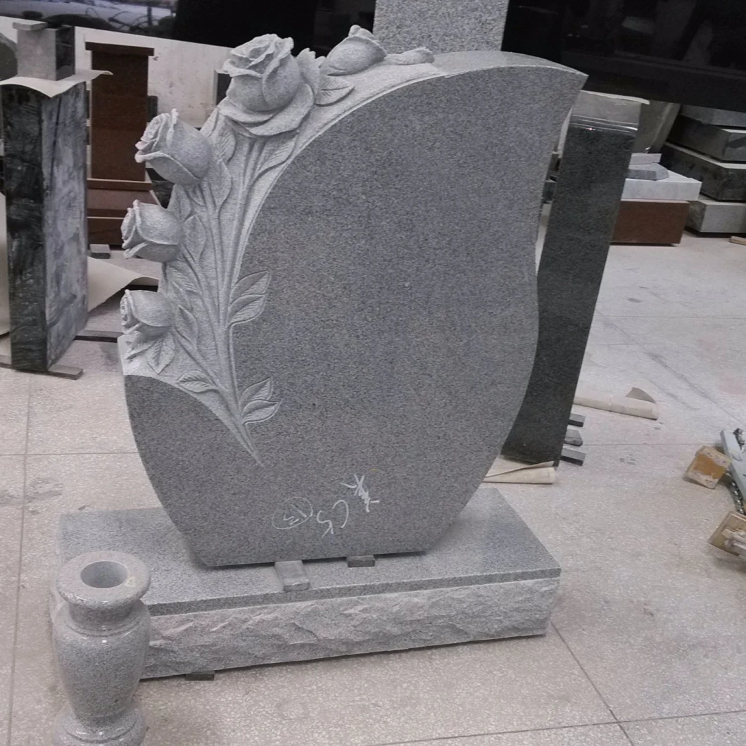 G633 Granite Leaf Shaped Tombstone Flower Carved Headstone